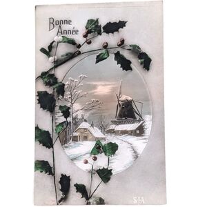 French Bonne Annee Small Holland Village Winter Scene New Year's Postcard